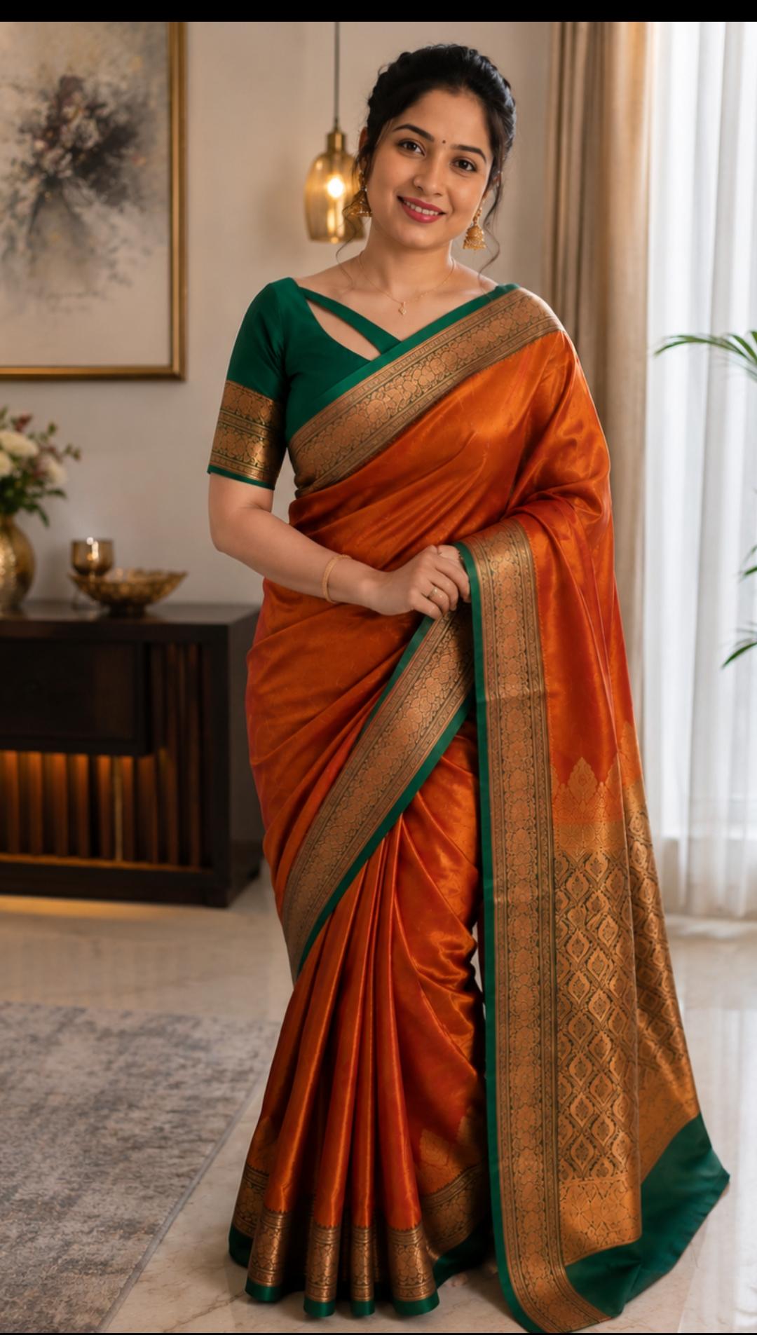 Burnt Orange Banarasi Silk Saree with Antique Gold Zari & Emerald Green Contrast
