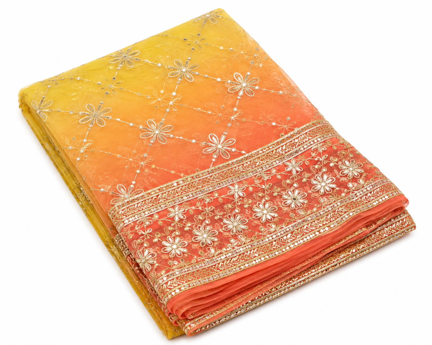Darwari Gota Georgette Saree in Yellow Orange Ombre | Shreevaa | Festive