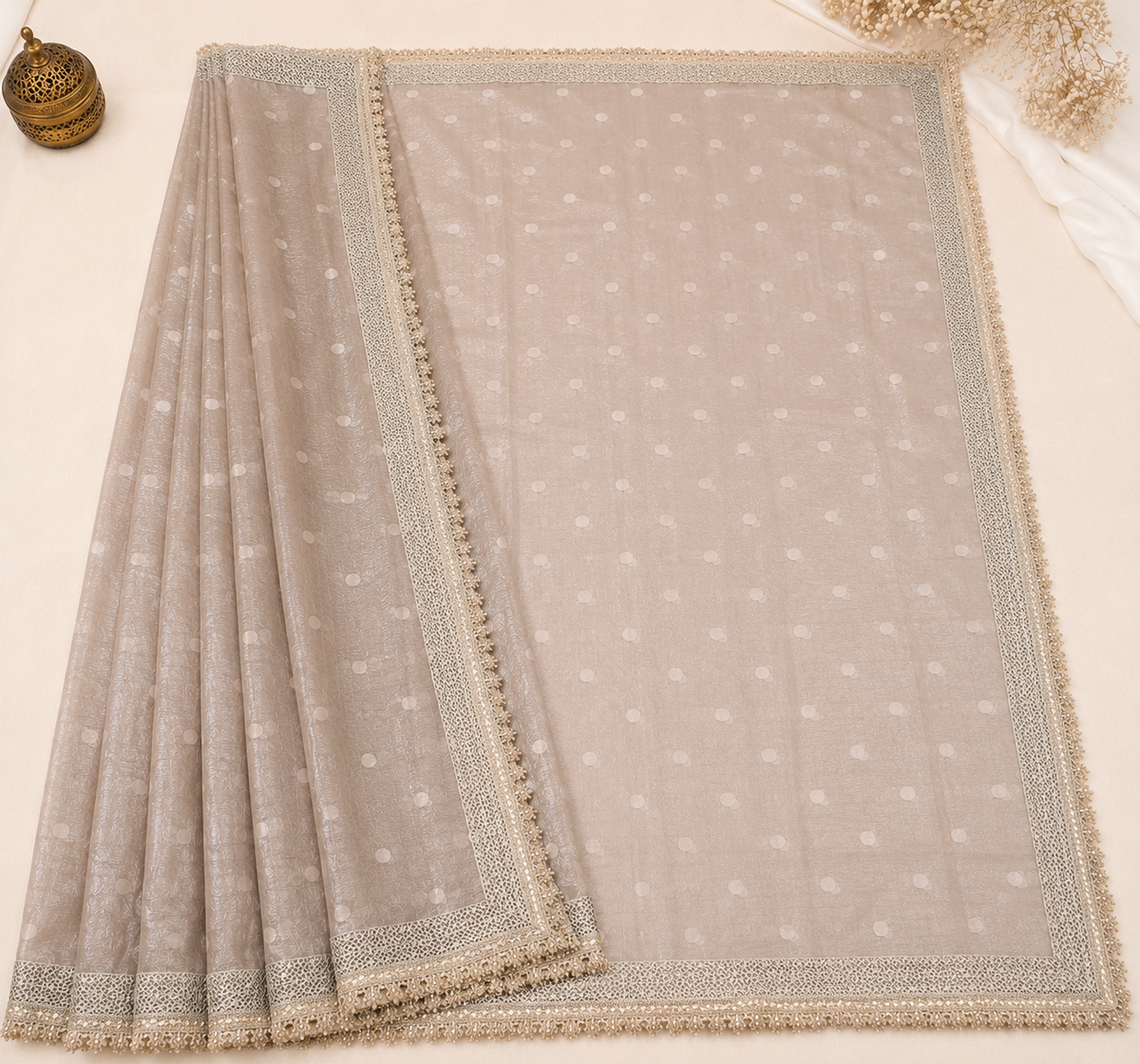 Ivory White Tissue Organza Banarasi Saree with Zari Lace Border | Shreevaa