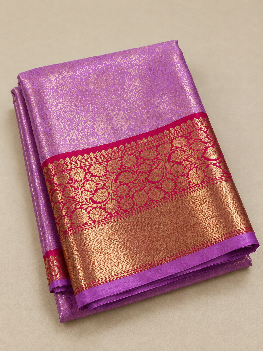 Lavender Pink Silk Banarasi Saree with Wine Gold Zari Border | Shreevaa