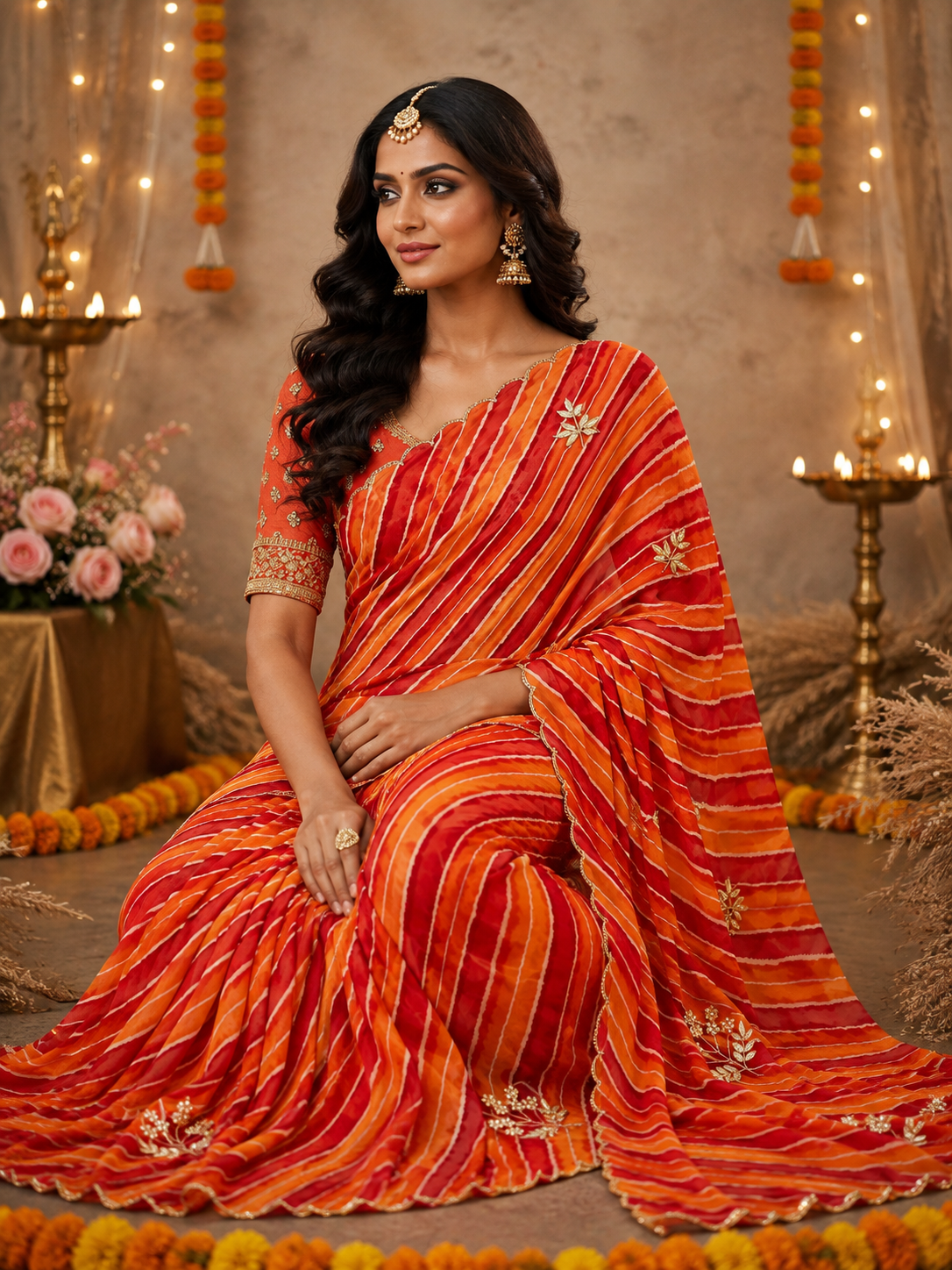 Orange and red lehariya georgette saree - sitting view