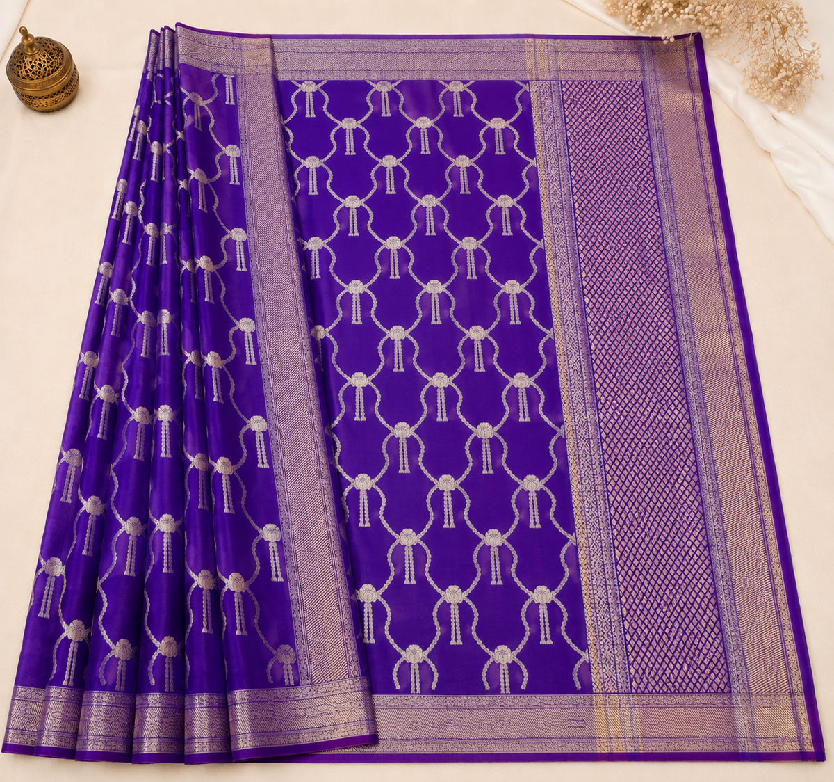 Purple Silk Banarasi Saree with Bow Motifs and Zari Border | Shreevaa