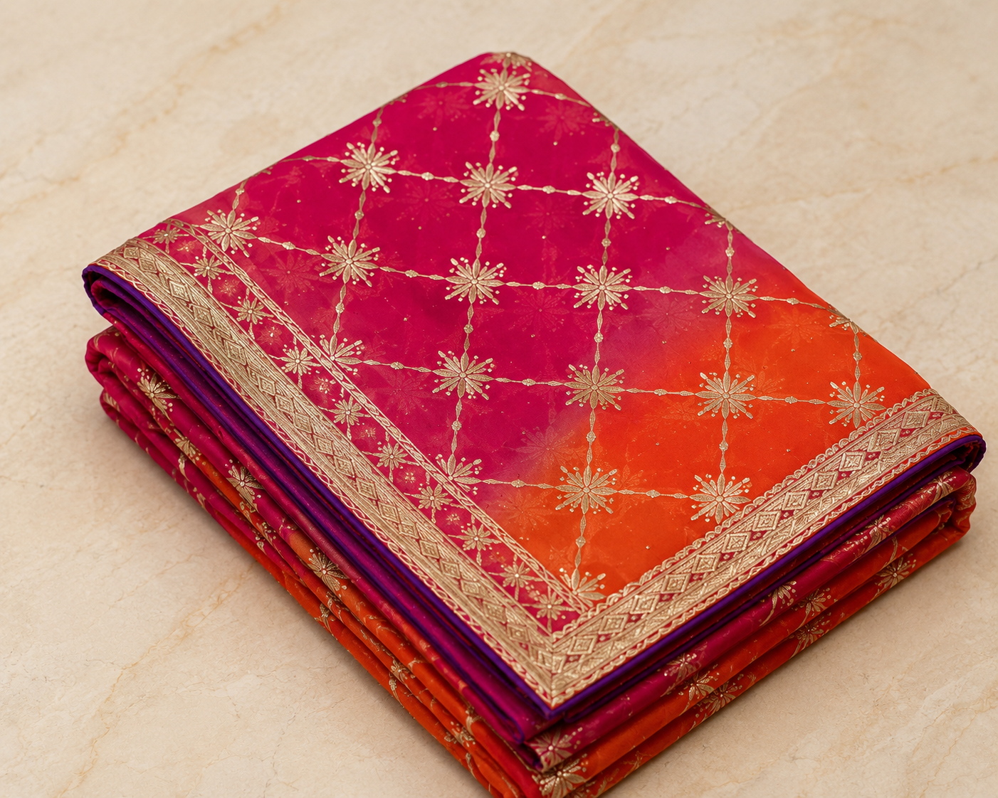 Darwari Gota Georgette Saree in Magenta Pink to Orange Ombre | Shreevaa | Festive