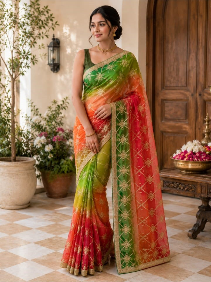 Multicolor Gradient Saree with Gotta Patti Embroidery | Green, Peach & Pink-Red