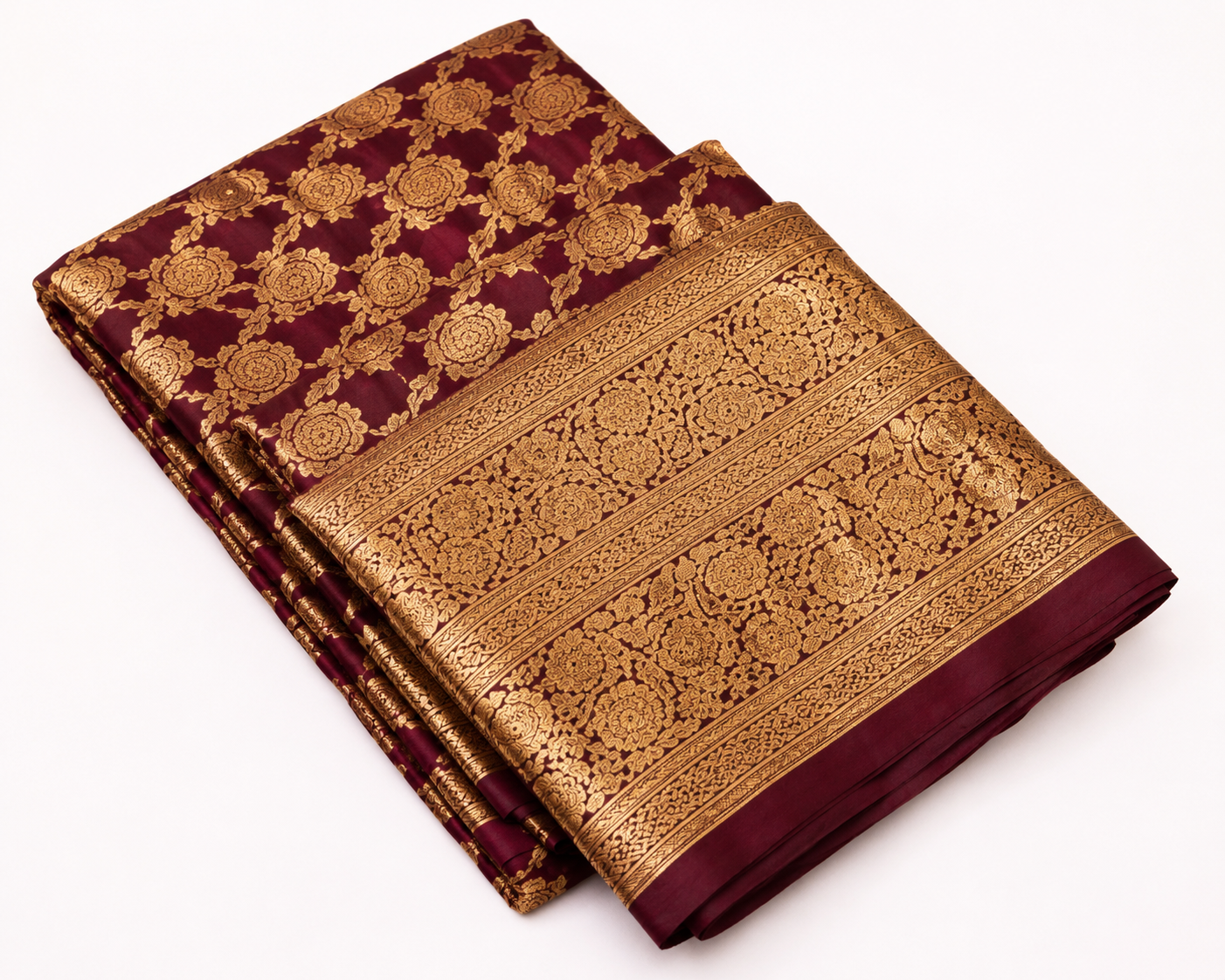 Wine Maroon Banarasi Silk Saree with All-Over Gold Zari Jaal Weave & Ornate Border | Shreevaa