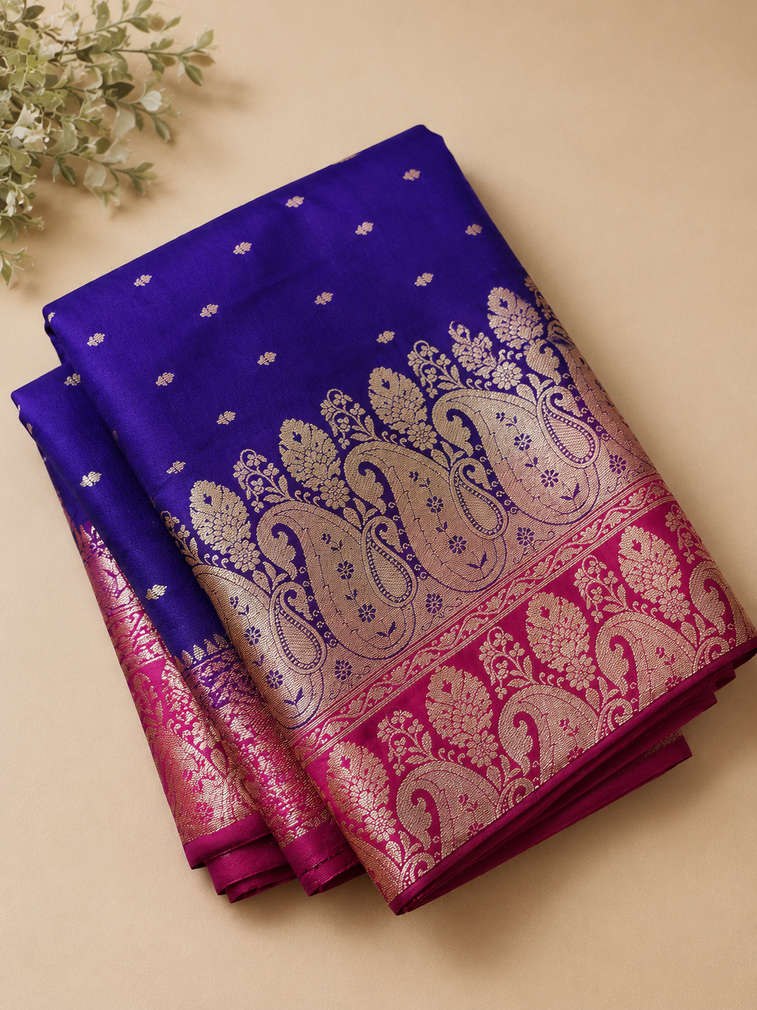 Navy Blue & Magenta Banarasi Silk Saree with Gold Zari Buti & Paisley Pallu | Shreevaa by Yamya Collection