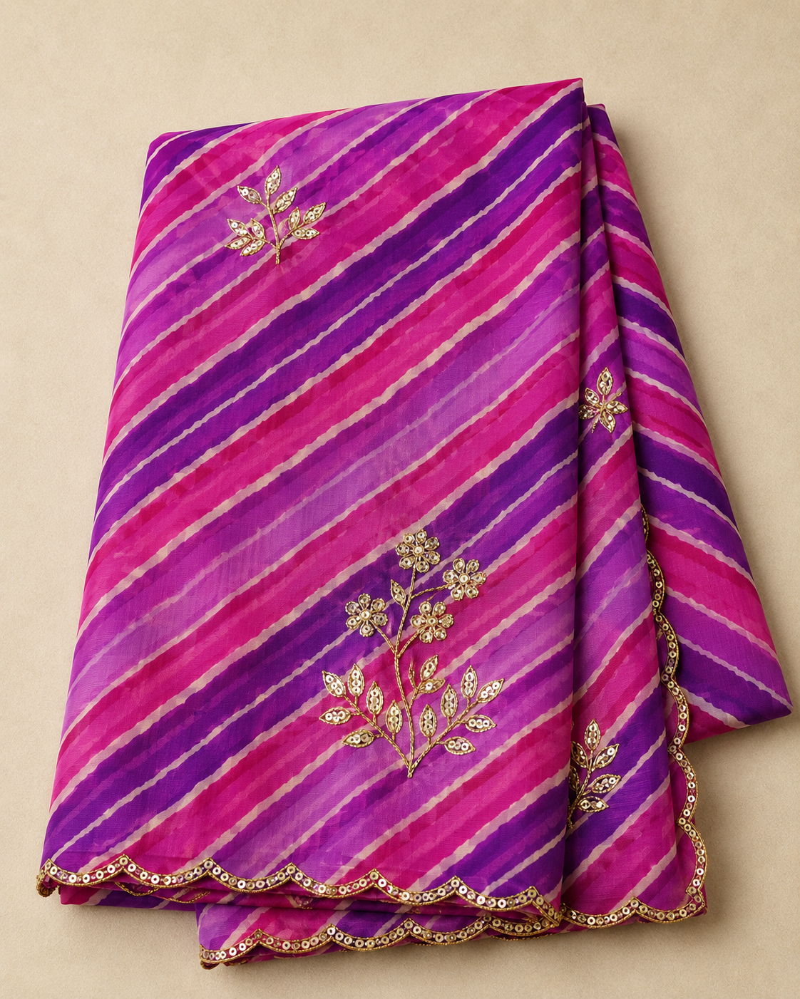 Lehariya Georgette Saree with Cut Dana Embroidery & Scallop Border | Pink & Violet