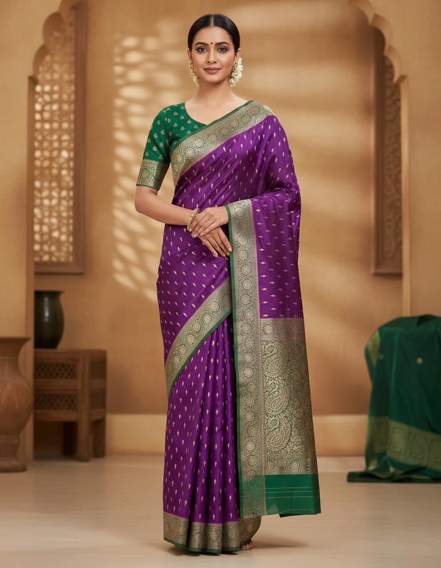 Purple & Green Banarasi Silk Saree | Dual-Tone Wedding Saree | Festive Wear