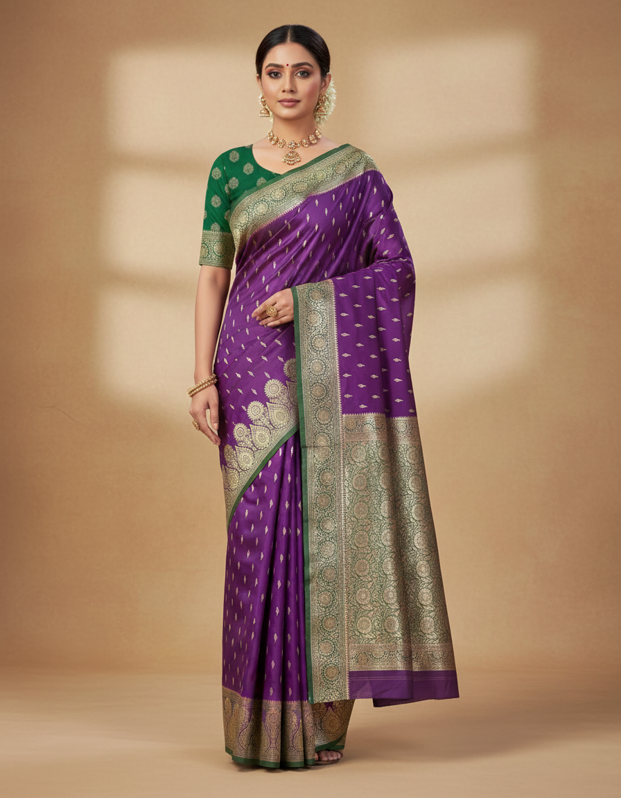 Purple & Green Banarasi Silk Saree | Dual-Tone Wedding Saree | Festive Wear