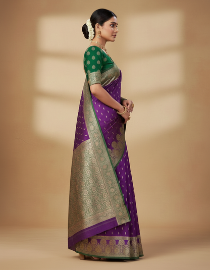 Purple & Green Banarasi Silk Saree | Dual-Tone Wedding Saree | Festive Wear