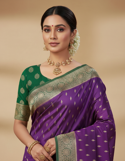 Purple & Green Banarasi Silk Saree | Dual-Tone Wedding Saree | Festive Wear