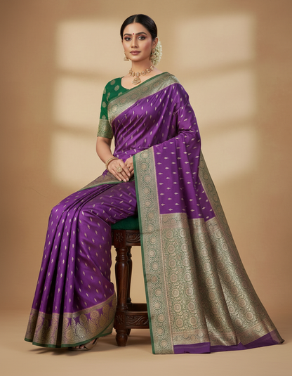 Purple & Green Banarasi Silk Saree | Dual-Tone Wedding Saree | Festive Wear