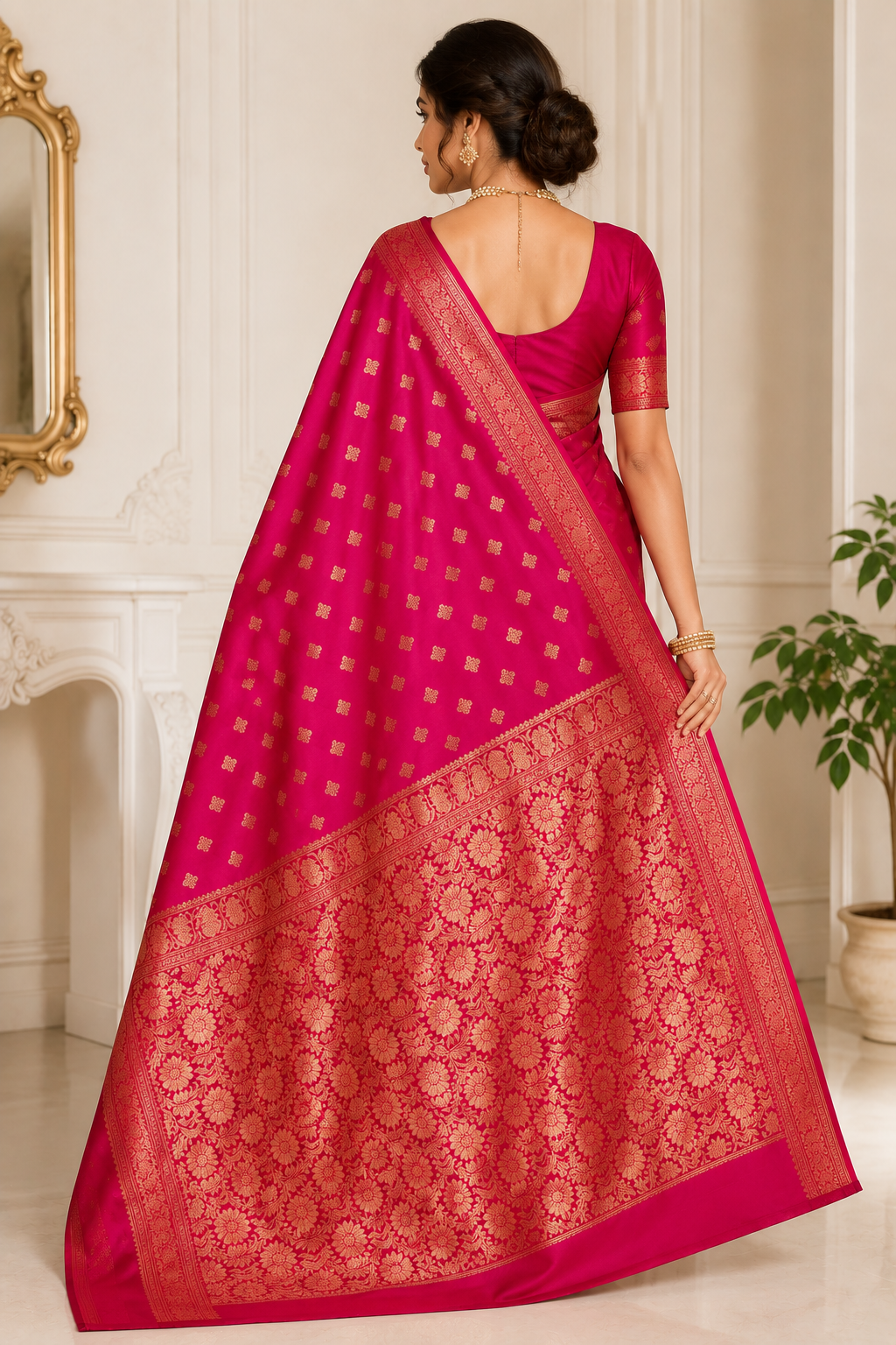Rani Pink Banarasi Silk Saree with Gold Zari Buti & Floral Jaal Pallu | Shreevaa by Yamya Collection