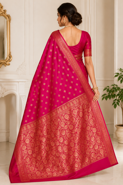 Rani Pink Banarasi Silk Saree with Gold Zari Buti & Floral Jaal Pallu | Shreevaa by Yamya Collection