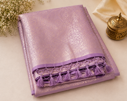 Lavender Banarasi Silk Saree - Folded view showing tassel border detail
