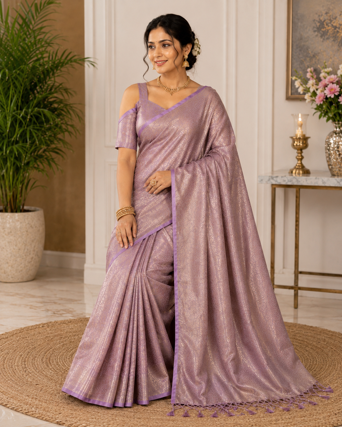 Lavender Banarasi Silk Saree with Silver Zari Jaal Weave - Model sitting view