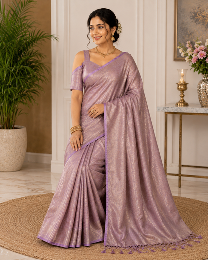 Lavender Banarasi Silk Saree with Silver Zari Jaal Weave - Model sitting view