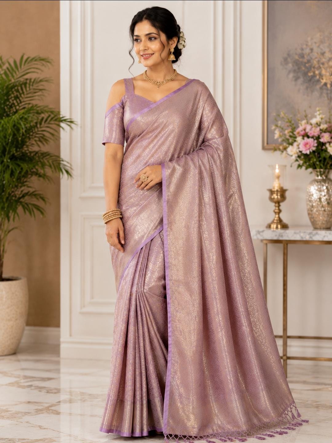 Lavender Banarasi Silk Saree with Silver Zari Jaal Weave - Model standing view