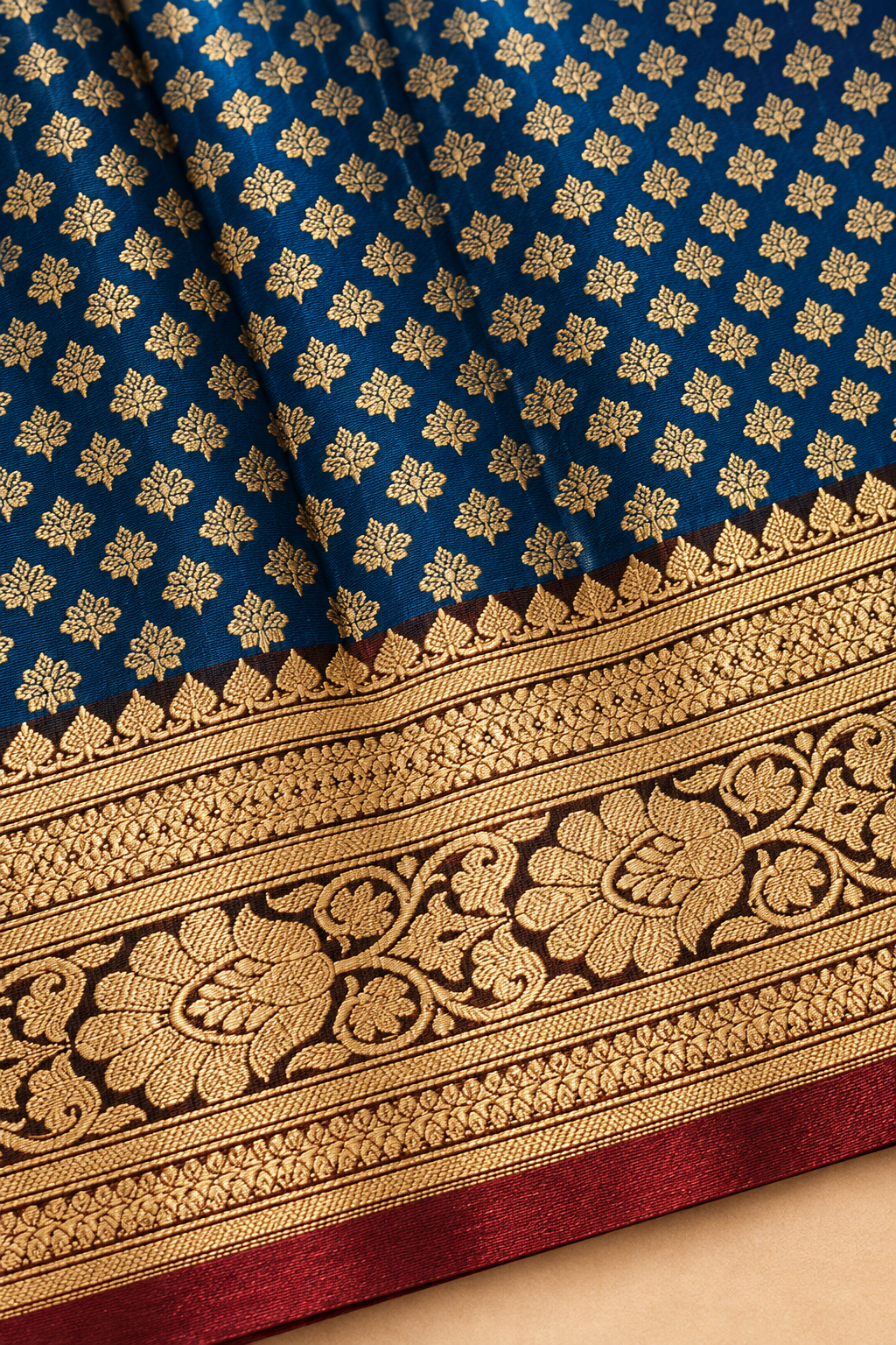 Teal Blue Banarasi Silk Saree with All-Over Gold Booti & Contrast Red Woven Paisley Pallu | Shreevaa