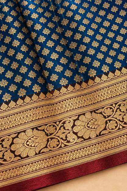 Teal Blue Banarasi Silk Saree with All-Over Gold Booti & Contrast Red Woven Paisley Pallu | Shreevaa