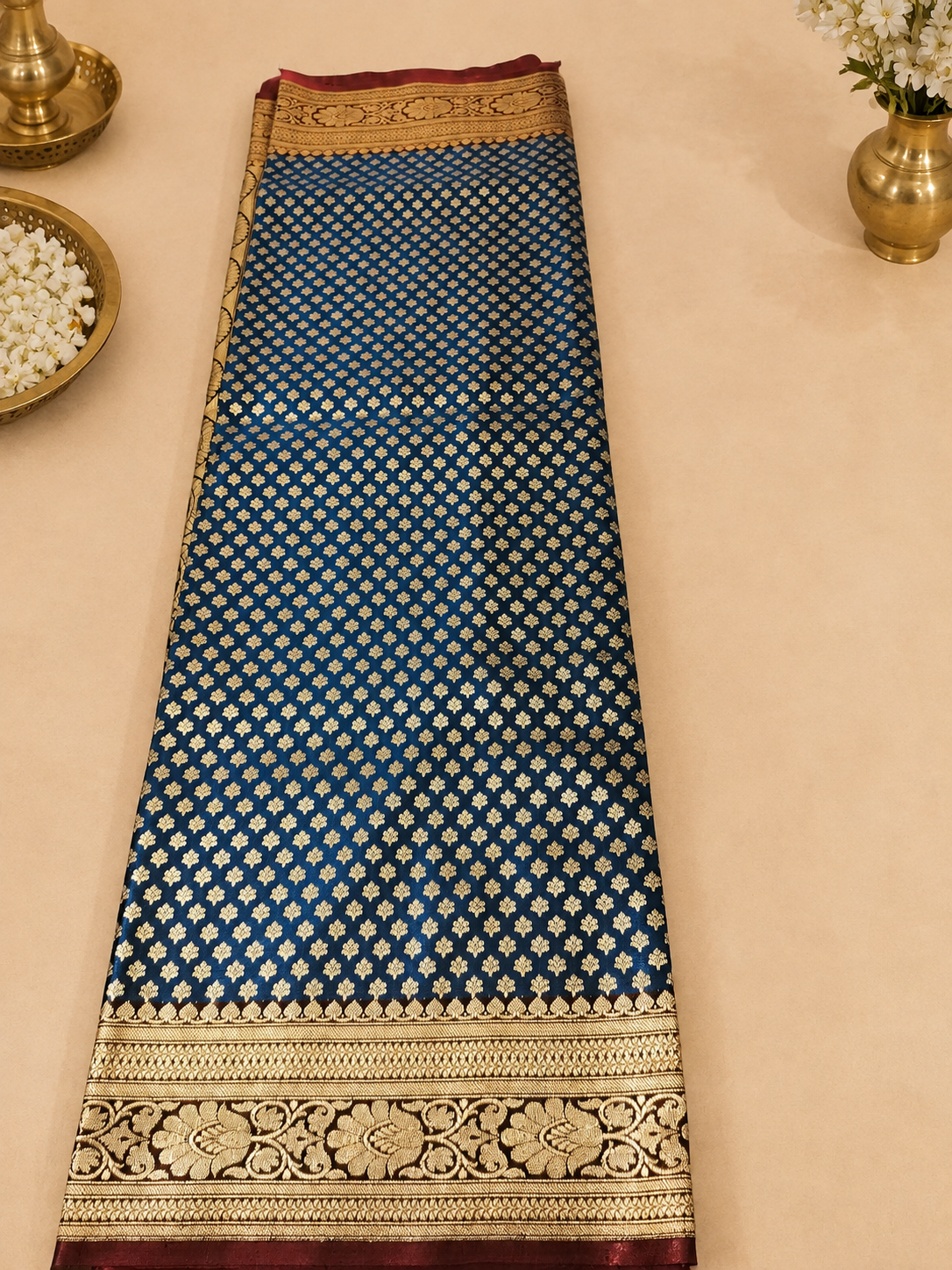Teal Blue Banarasi Silk Saree with All-Over Gold Booti & Contrast Red Woven Paisley Pallu | Shreevaa