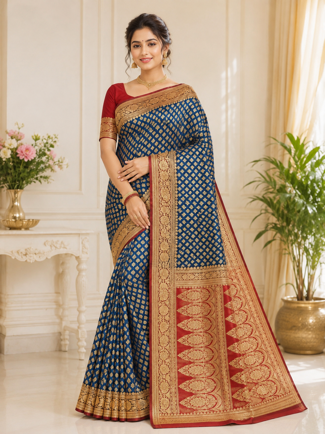 Teal blue Banarasi silk saree – model standing full drape view with red blouse showing contrast red paisley pallu and gold border