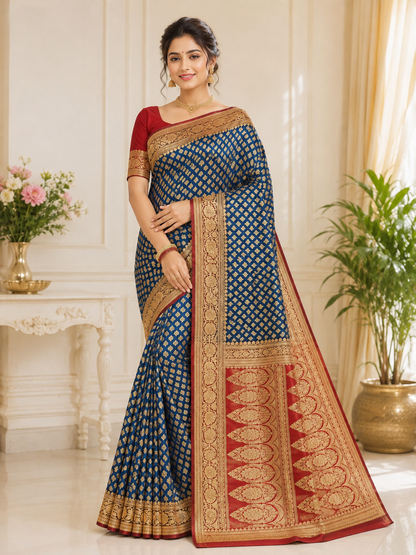 Teal blue Banarasi silk saree – model standing full drape view with red blouse showing contrast red paisley pallu and gold border