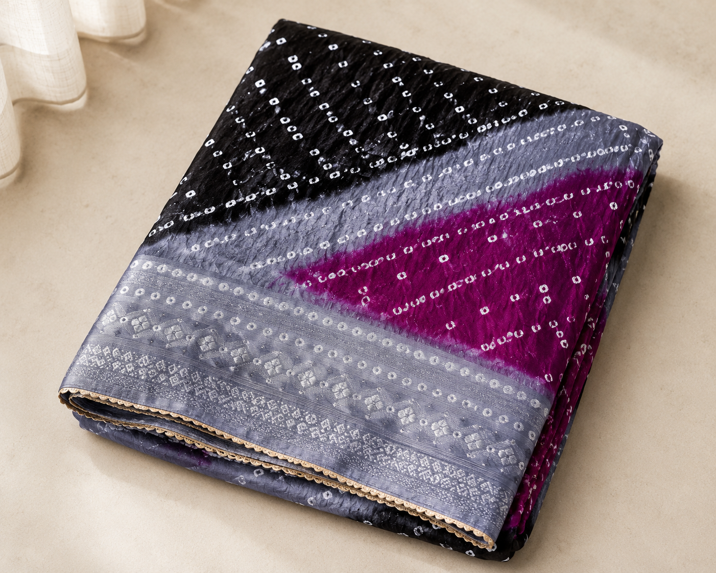 Multicolour Bandhani Tapeta Silk Saree – Black, Magenta & Grey | Shreevaa