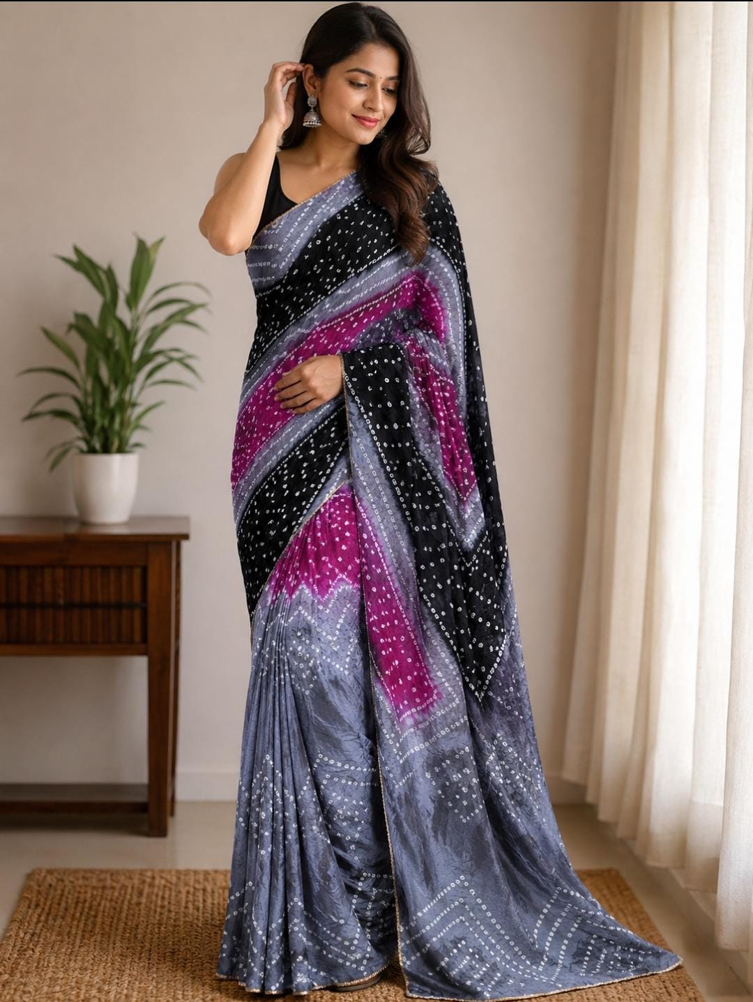 Multicolour Bandhani Tapeta Silk Saree in Black, Magenta & Grey