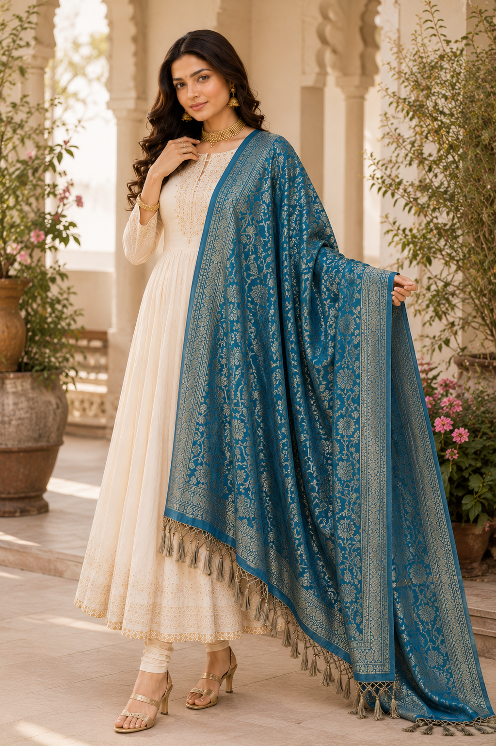 Premium Banarasi Dupatta Teal Blue and Gold