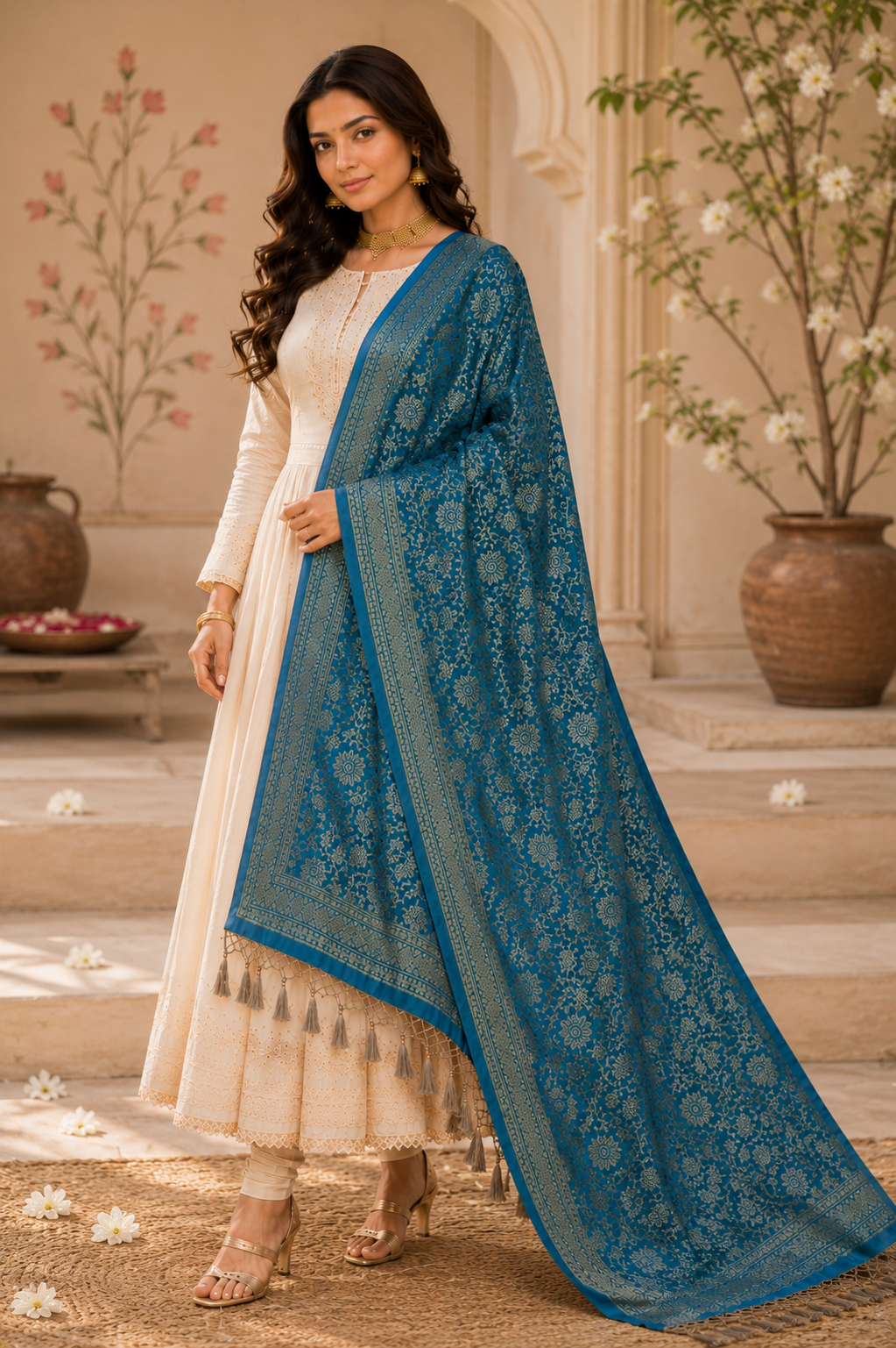 Premium Banarasi Dupatta - Teal Blue & Gold