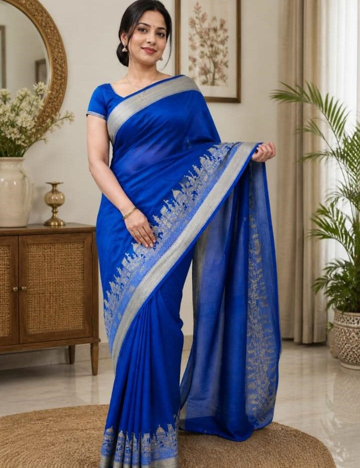 Ghat Georgette Silk Saree with Silver Zari Pallu | Elegant Soft Drape