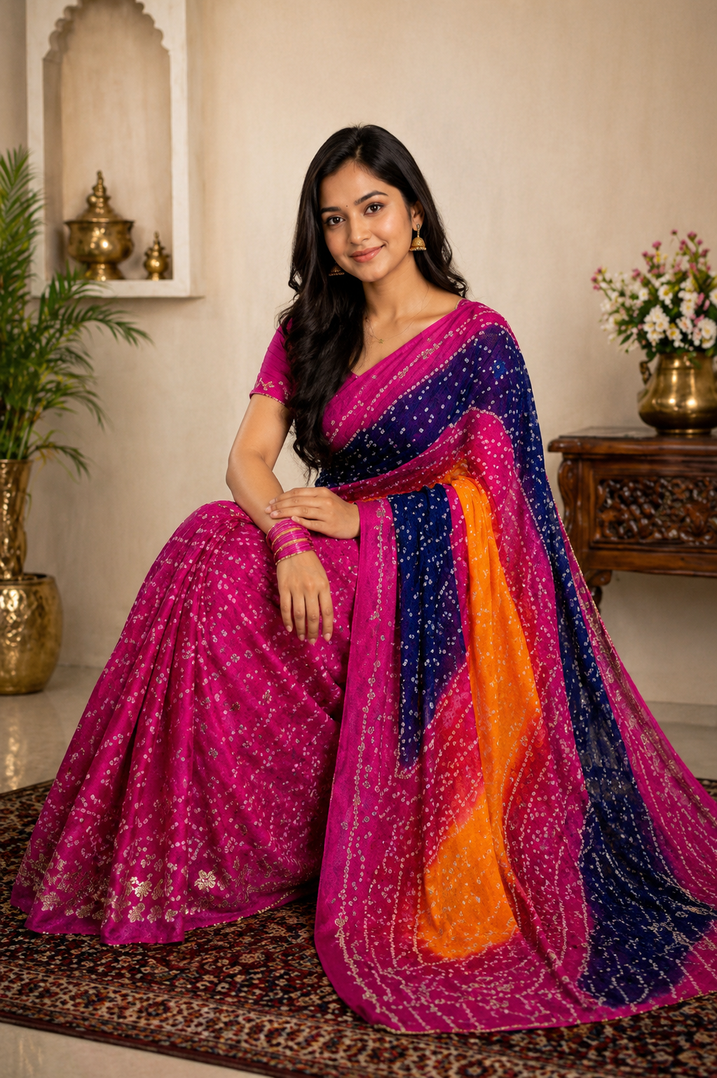 Multicolour Bandhani Tapeta Silk Saree in Pink, Navy & Orange