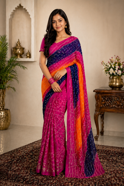 Multicolour Bandhani Tapeta Silk Saree – Pink, Navy & Orange | Shreevaa