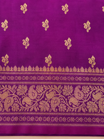 Purple Banarasi Silk Saree with Gold Zari Buti, Floral Border & Jaal Pallu | Shreevaa by Yamya Collection