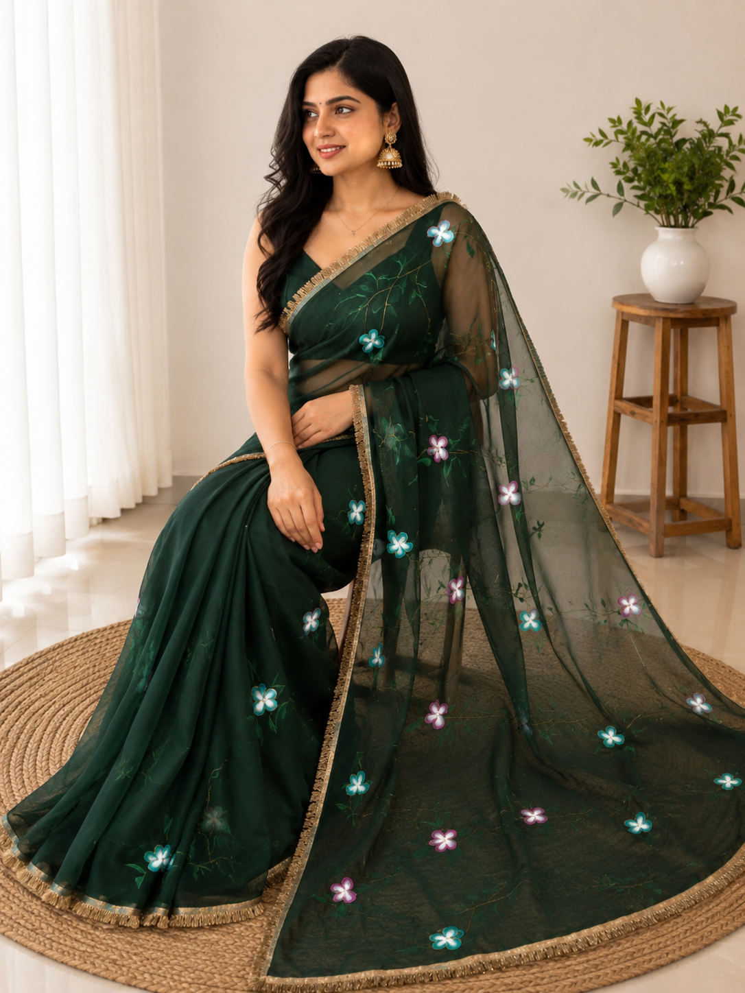 Model wearing a dark green Darwani gota chiffon saree with floral detailing and golden border