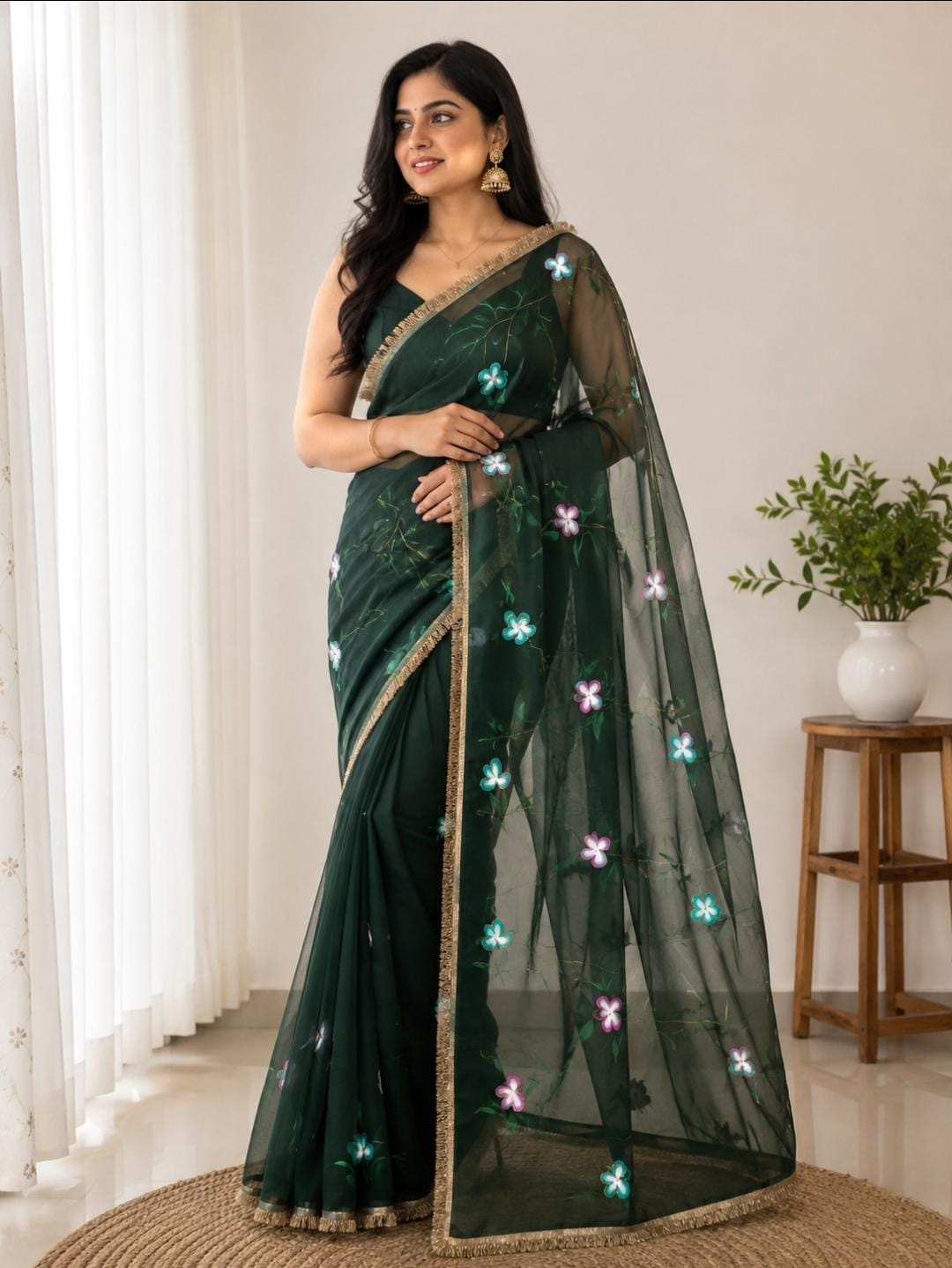 Dark green Darwani gota chiffon saree with floral detailing and golden border