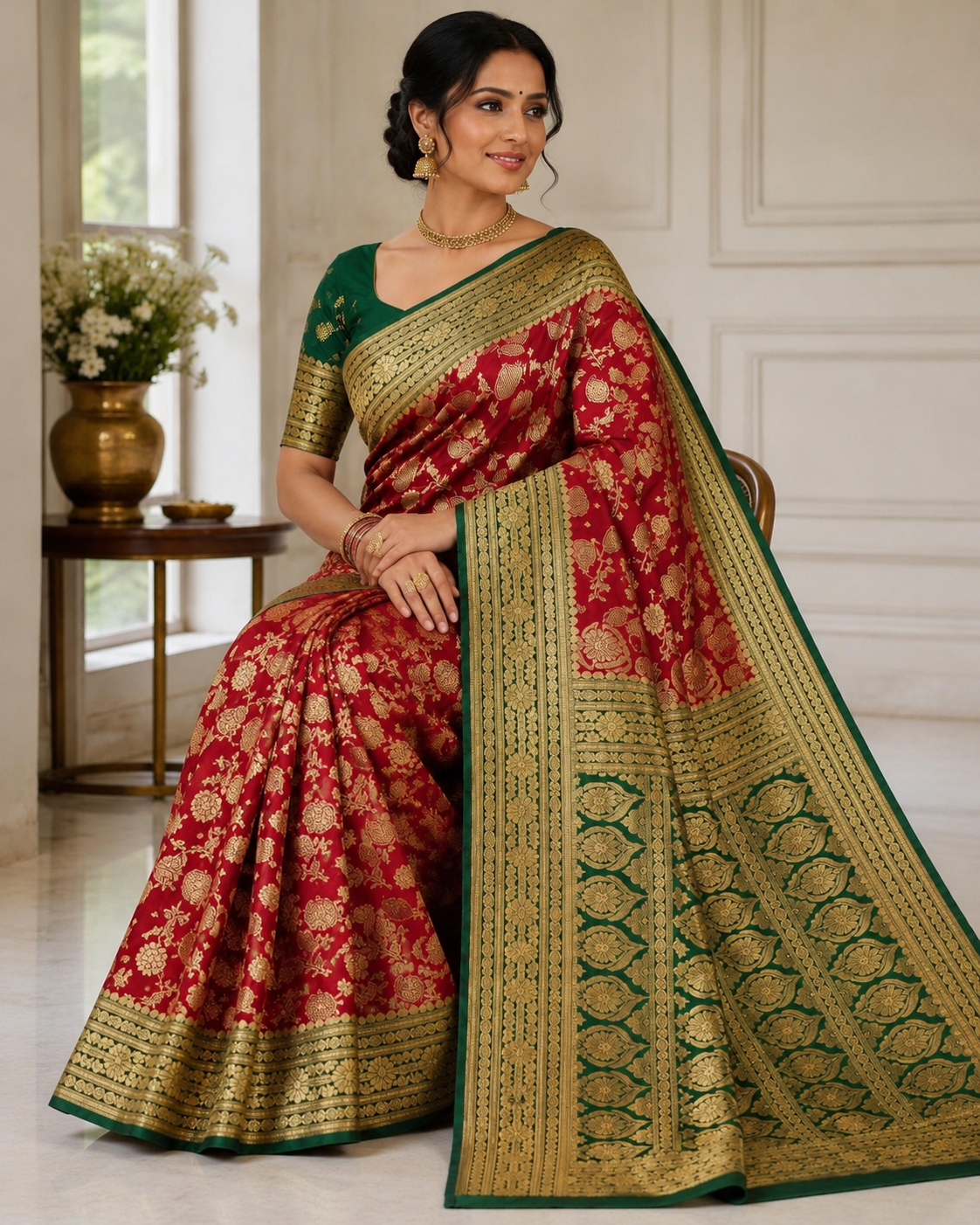 Deep Maroon Banarasi Silk Saree with Gold Zari Floral Weave and Green Border - Sitting pose