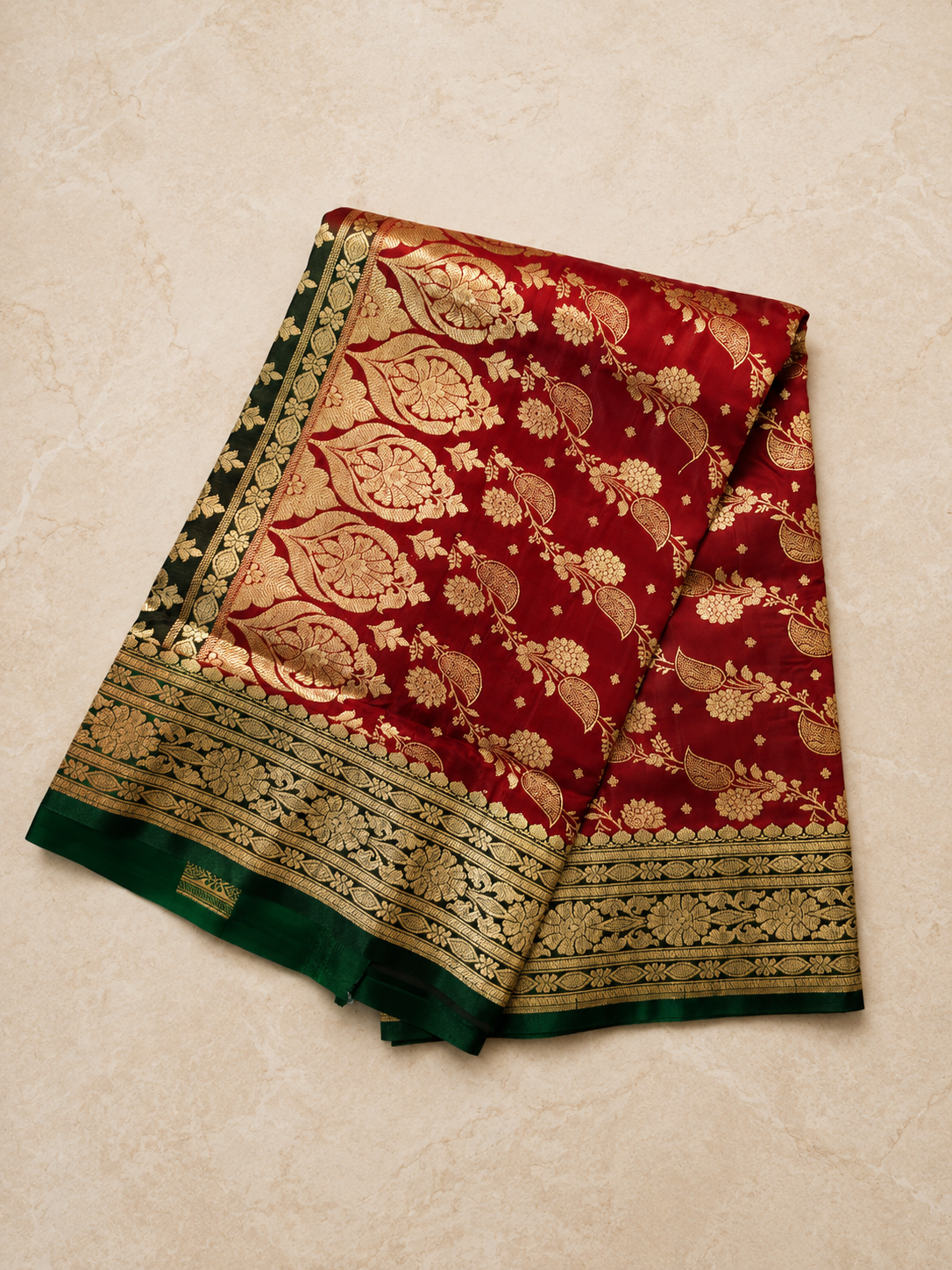 Deep Maroon Banarasi Silk Saree with Gold Zari Floral Weave & Green Border | Shreevaa