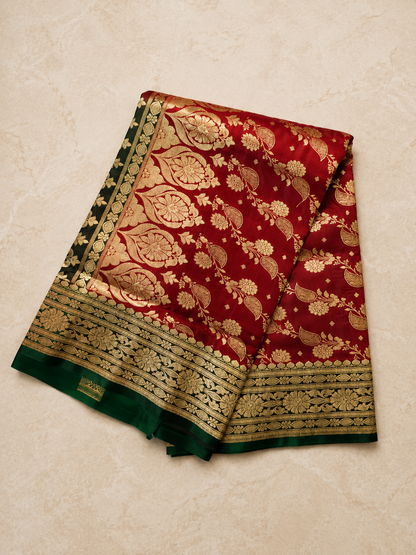 Deep Maroon Banarasi Silk Saree with Gold Zari Floral Weave & Green Border | Shreevaa