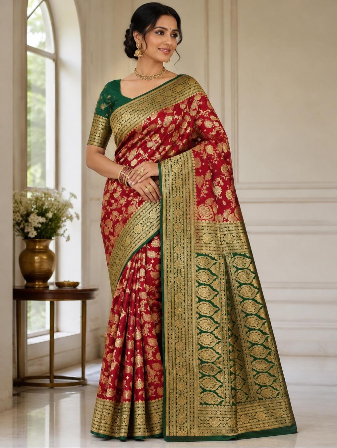 Deep Maroon Banarasi Silk Saree with Gold Zari Floral Weave and Green Border - Front drape view