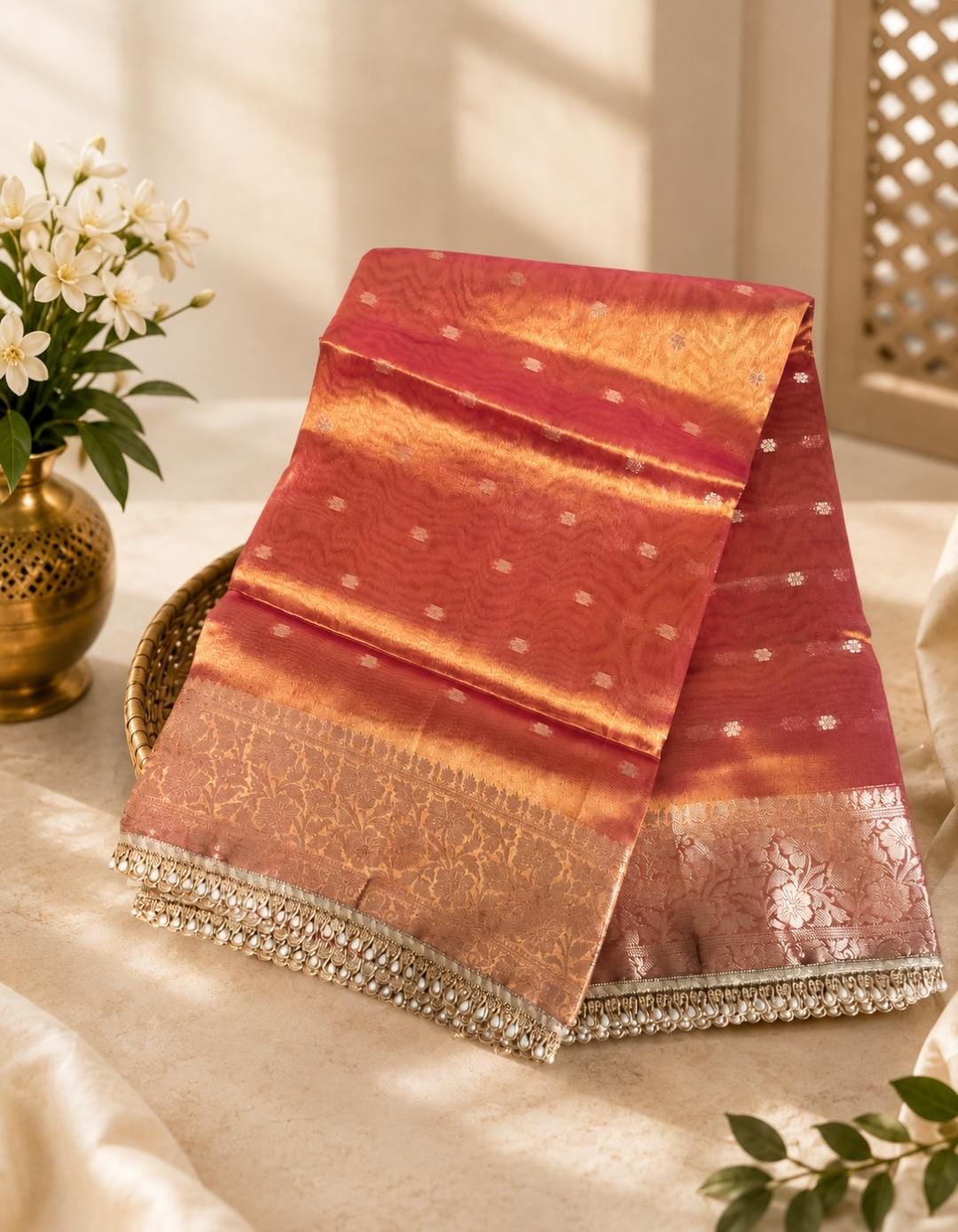 Model wearing a coral peach Tissue Organza Banarasi saree with ornate zari border