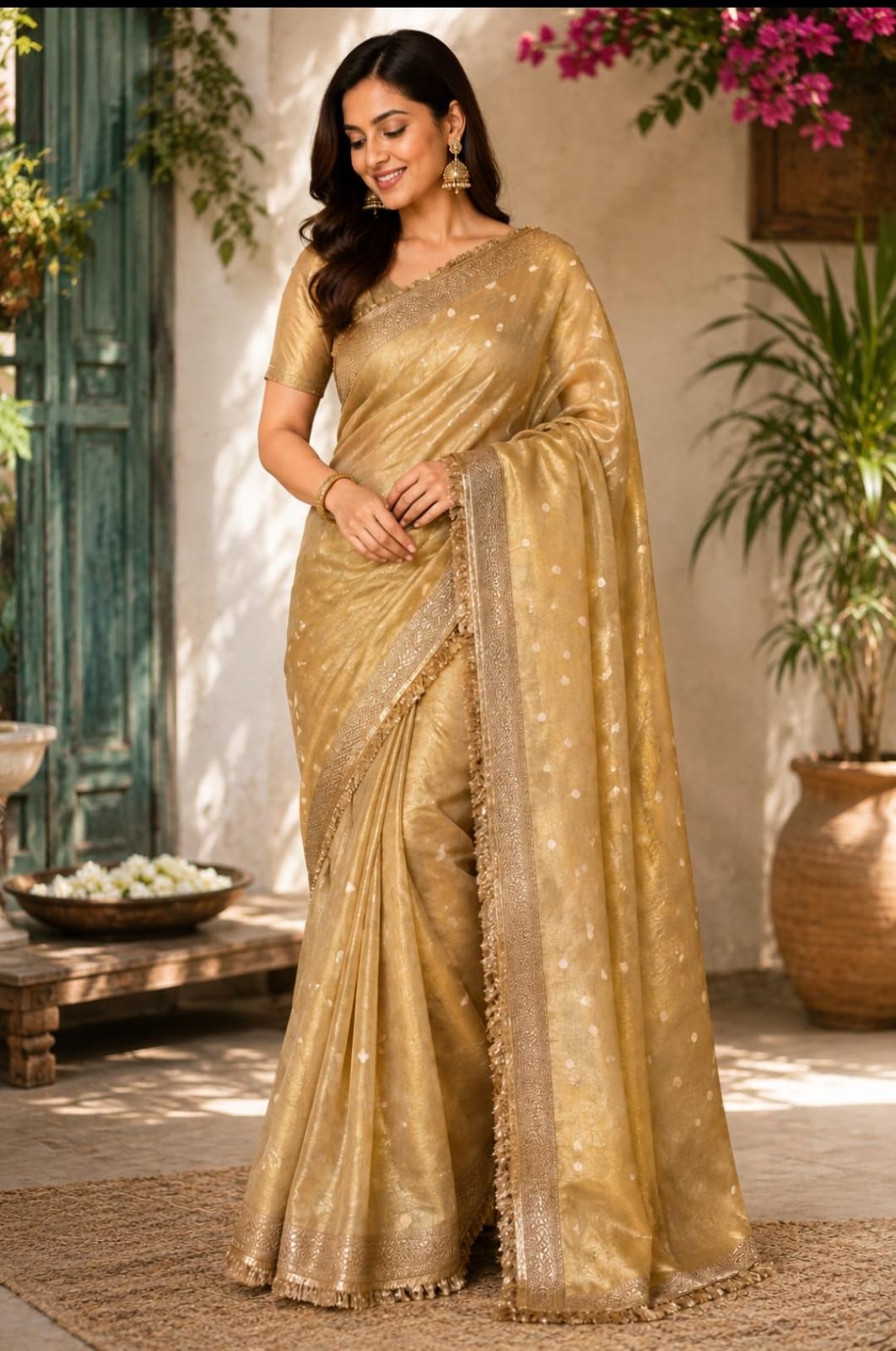 Model wearing a golden beige Tissue Organza Banarasi saree with metallic zari border