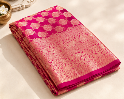 Magenta Pink Banarasi Silk Saree with All-Over Rose Gold Zari Jaal Weave & Broad Zari Border | Shreevaa