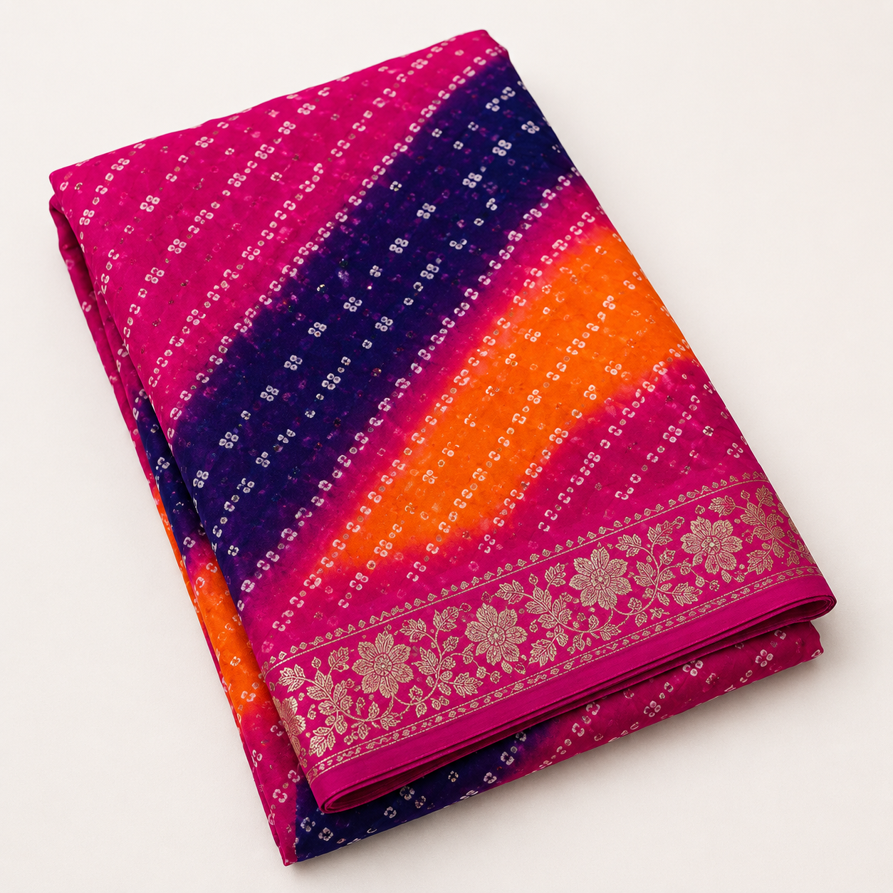 Multicolour Bandhani Tapeta Silk Saree – Pink, Navy & Orange | Shreevaa