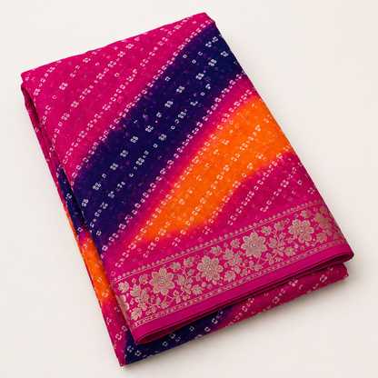 Multicolour Bandhani Tapeta Silk Saree – Pink, Navy & Orange | Shreevaa
