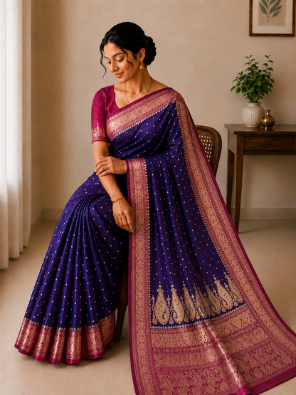 Navy Blue & Magenta Banarasi Silk Saree with Gold Zari Buti & Paisley Pallu | Shreevaa by Yamya Collection