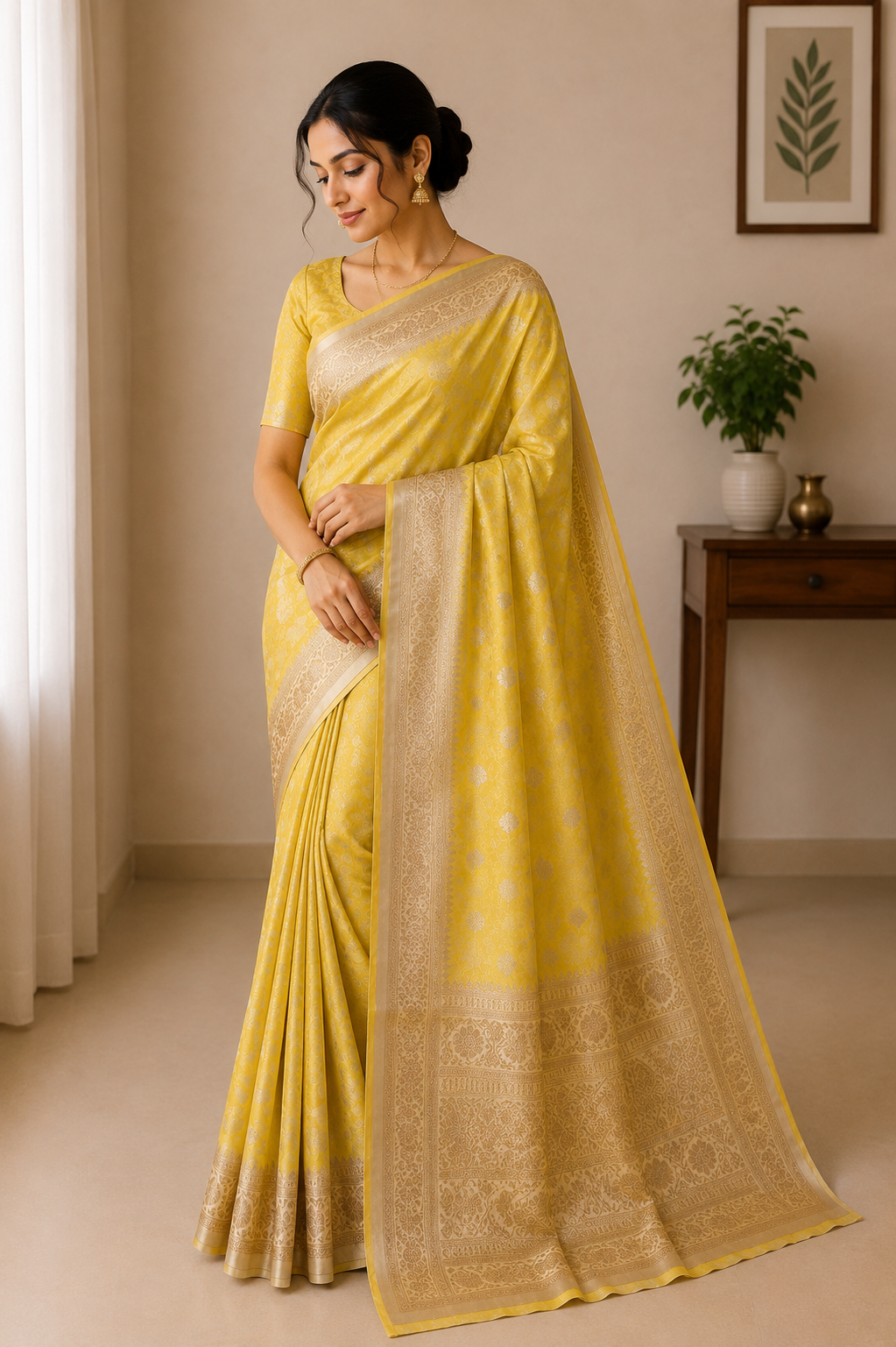 Sunshine Yellow Banarasi Silk Saree with Silver-Gold Zari Buti & Broad Zari Border