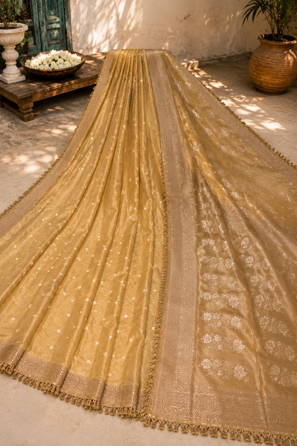 Golden beige Tissue Organza Banarasi saree spread out showing metallic zari border and tassel pallu