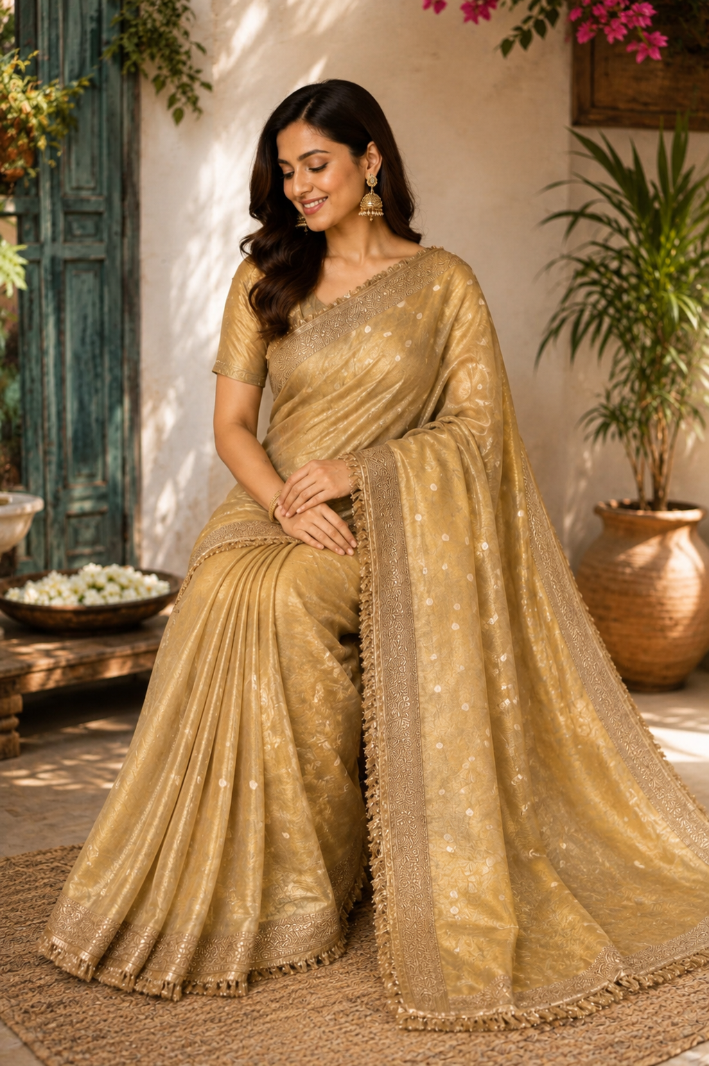 Folded golden beige Tissue Organza Banarasi saree showing polka motifs and ornate border